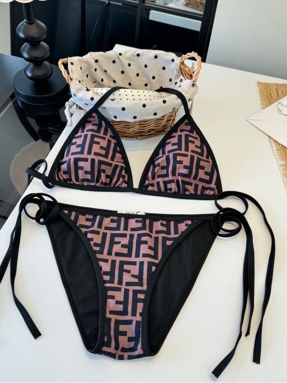 Fendi Black and Pink Logo Triangle Bikini Set